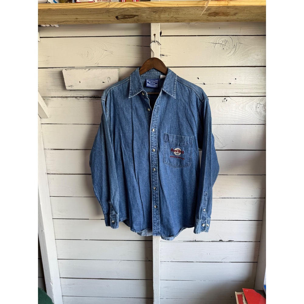 Hard Rock Cafe Philadelphia Denim Shirt Mens Small Blue Long Sleeve Vintage Logo